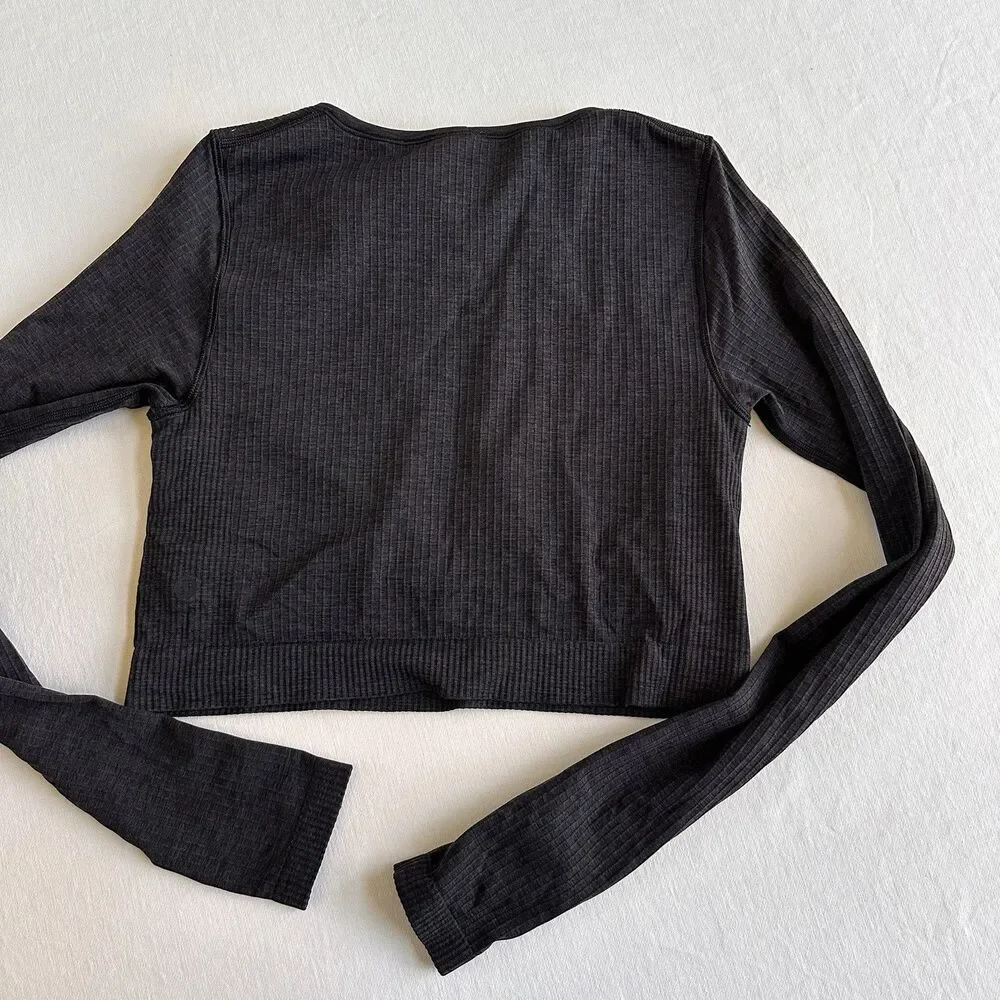Lululemon Ebb To Street Long Sleeve Ribbed Crop Top Women’s Black SIZE 8